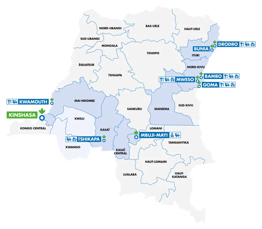 La mappa della presenza di Azione Contro la Fame in Repubblica Democratica del Congo